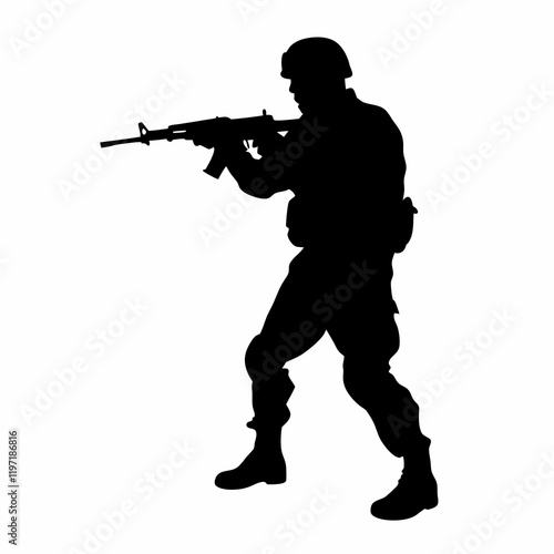 A man in a military uniform is holding a rifle. He is wearing a helmet and has a backpack on