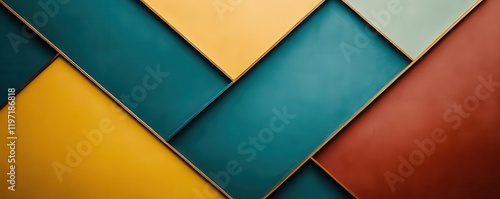 Mid-century modern design with interlocking geometric forms, featuring a color palette of teal, mustard, and rust