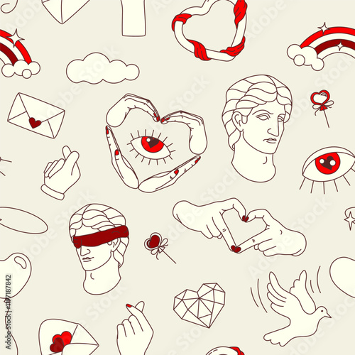 Valentine's day seamless pattern with hand drawn doodles, cartoon elements for wallpaper, backgrounds, wrapping paper, textile prints, stationary