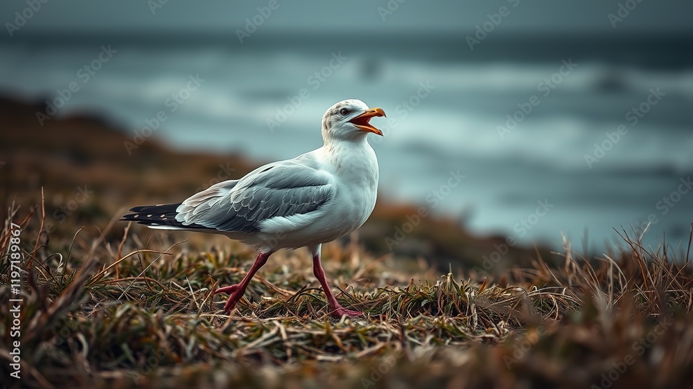 Seagull on Withered Grass - Dramatic Coastal Scene Seagull on Withered Grass - Dramatic Coastal Scene