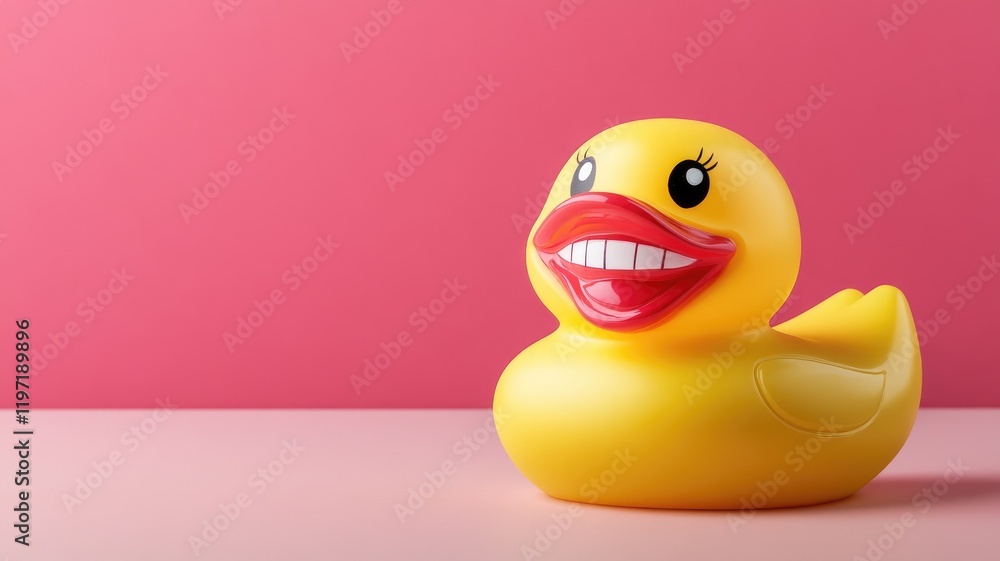 Yellow rubber duck with red lips on pink background Yellow rubber duck with red lips on pink background