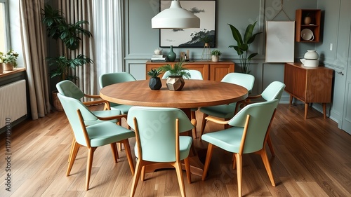 Wallpaper Mural Scandinavian Dining Room with Mint Green Chairs - AI Photo Torontodigital.ca