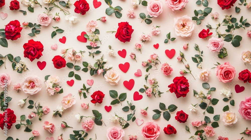Valentine day or Mother day background decorated with pink red hearts and roses flowers Valentine day or Mother day background decorated with pink red hearts and roses flowers