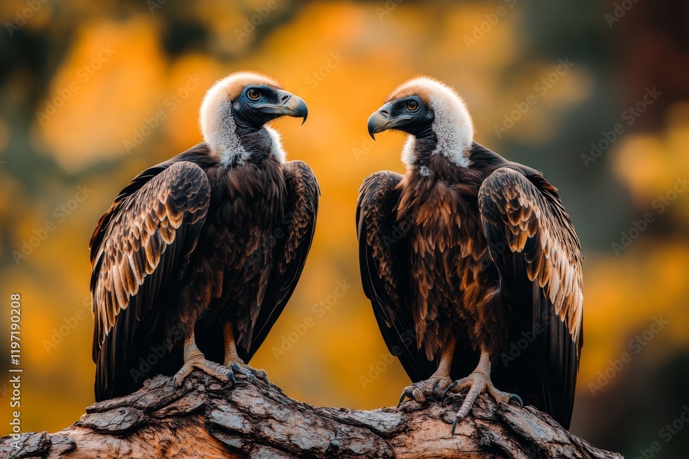 A pair of vultures perched together on a tree branch, their interaction hinting at a social connection A pair of vultures perched together on a tree branch, their interaction hinting at a social connection