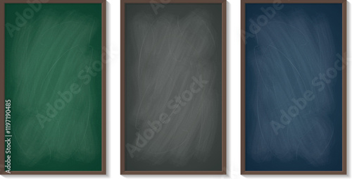 Three classic dark gray, green and navy blue chalkboards in wooden frames, empty blackboards for school classroom, cafe or restaurant menu
