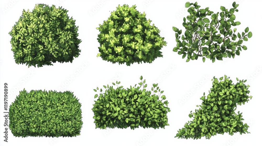 Fototapeta premium A diverse set of realistic illustrations depicting various types of green leafy bushes, showcasing the rich textures and shapes common in natural vegetation.