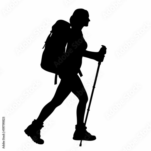 A woman is walking with a backpack and a walking stick. She is wearing shorts and a backpack