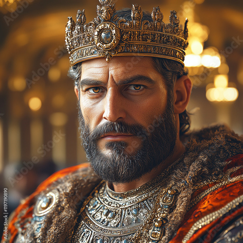 a close-up of King Ahasuerus wearing a regal crown and a richly detailed royal cloak, his commanding expression illuminated by warm ambient light