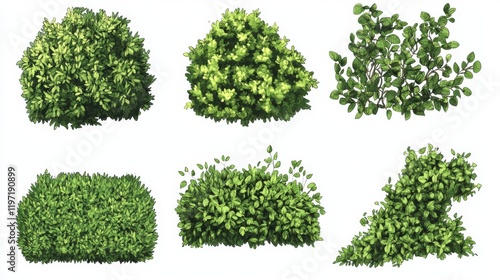 A diverse set of realistic illustrations depicting various types of green leafy bushes, showcasing the rich textures and shapes common in natural vegetation. photo