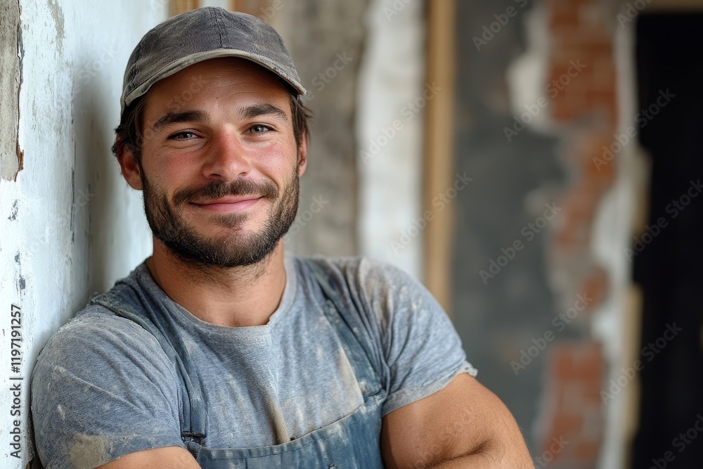 Happy manual worker during home renovating project looking at camera. Generative AI Happy manual worker during home renovating project looking at camera. Generative AI
