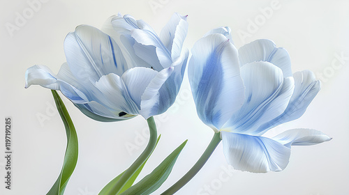 pair of blue and white tulips, one with two petals on the stem, one in full bloom and the other half open, with green leaves at their base, set against a light background. photo