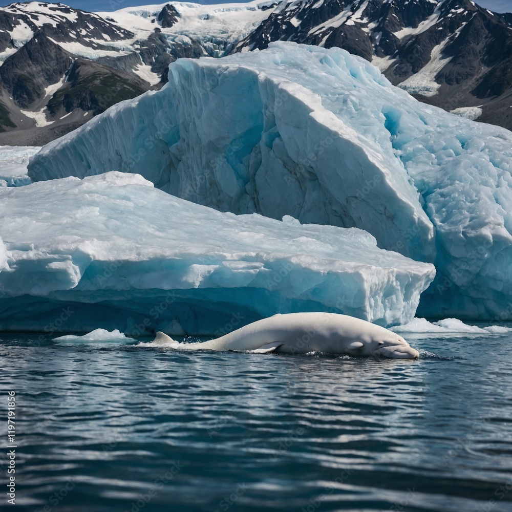 Obraz premium A Beluga whale swimming near a majestic glacier, sunlight dancing on the water.