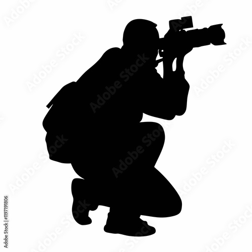 A man is crouching down and taking a picture with a camera. He is wearing a backpack