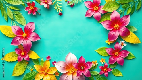 Tropical Paper Leaves & Flowers Frame - Teal Background photo