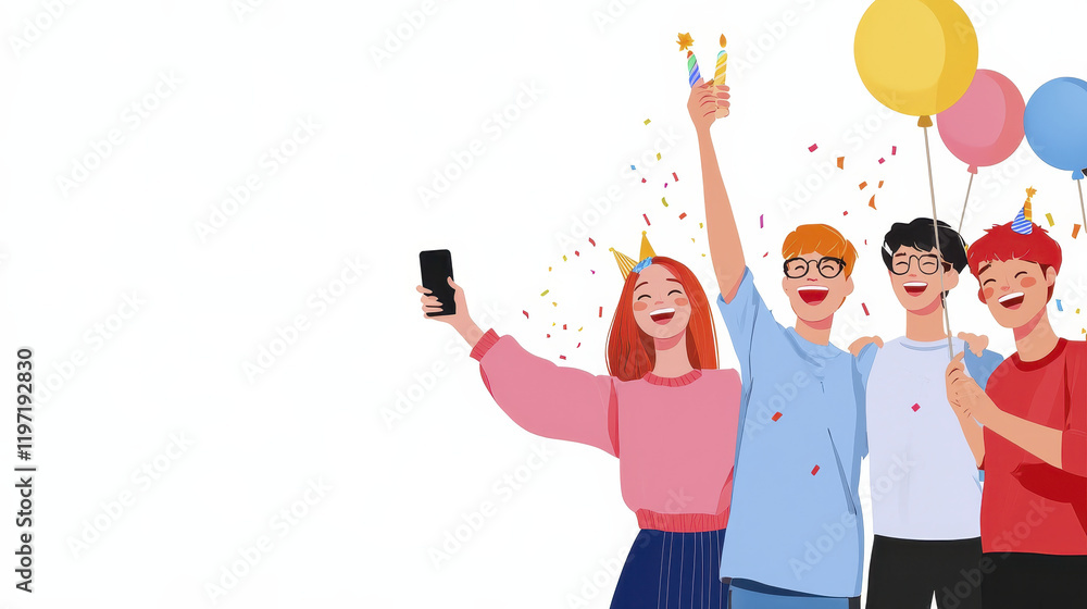 Joyful group of friends celebrating with balloons, confetti, and party hats, capturing fun moment together Joyful group of friends celebrating with balloons, confetti, and party hats, capturing fun moment together