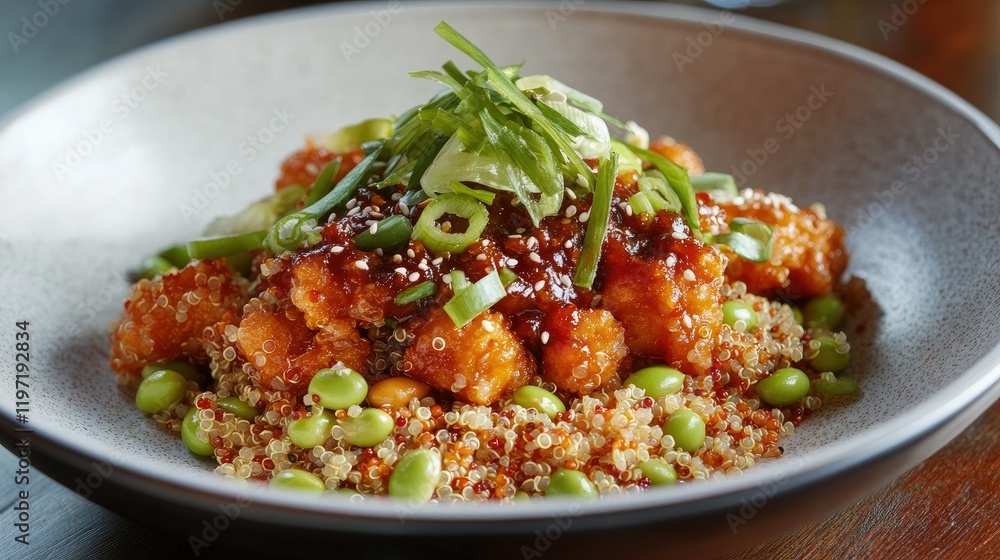 Fusion Chinese New Year fried rice with quinoa, edamame, and a spicy Szechuan sauce, garnished with green onions. Fusion Chinese New Year fried rice with quinoa, edamame, and a spicy Szechuan sauce, garnished with green onions.