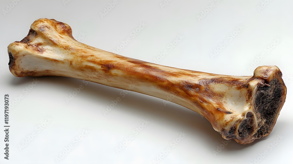 Large raw beef dog bone presents natural texture and detail. Professional product photography captures marrow bone with clean shadows against pure white background in studio setting. Large raw beef dog bone presents natural texture and detail. Professional product photography captures marrow bone with clean shadows against pure white background in studio setting.