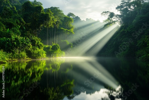 A majestic river flowing through a dense rainforest, with sunlight streaming through the canopy and sparkling on the water