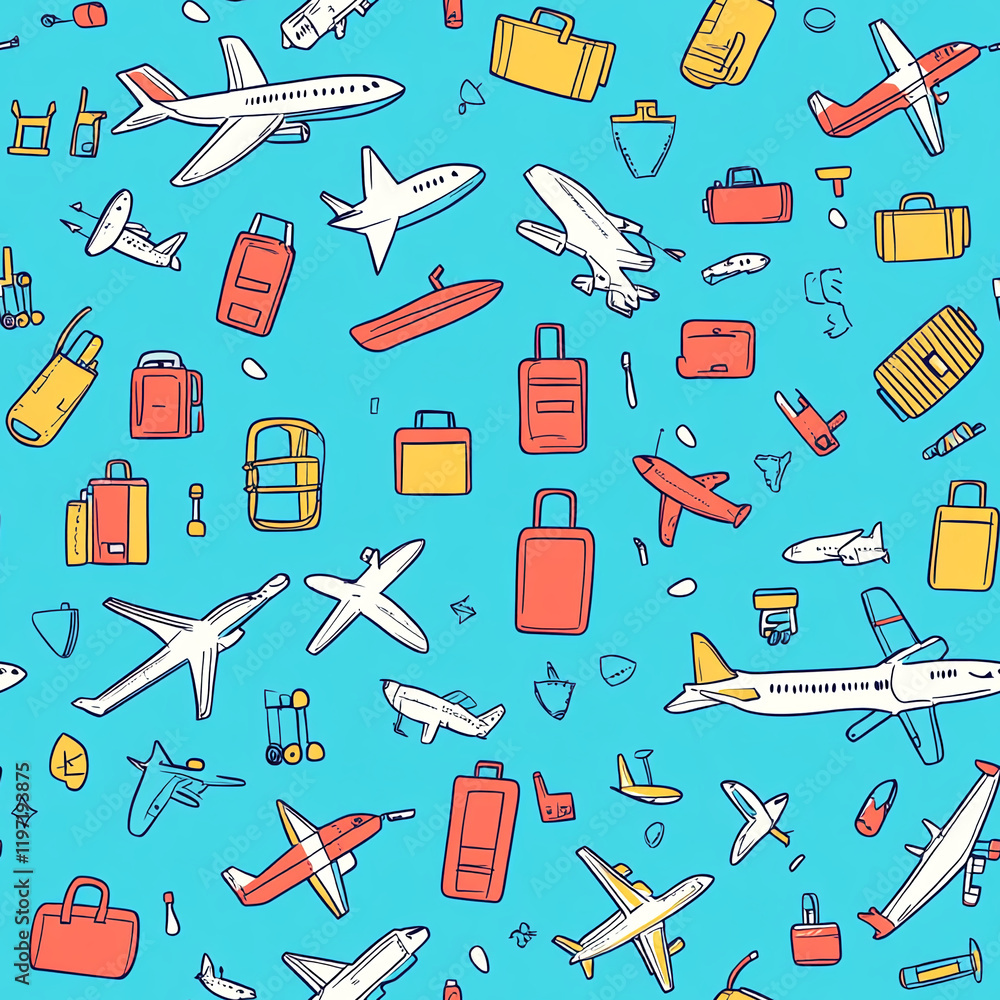 Airplane and luggage travel texture with vibrant blue background Airplane and luggage travel texture with vibrant blue background