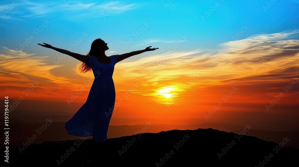 Fototapeta premium Woman in flowing dress standing on the beach at sunrise with outstretched arms, embracing the beauty of nature and tranquility.