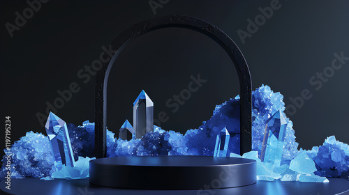 3D black podium with blue crystal fragments on a dark background, abstract geometric shapes and arches for product presentation in a mockup design. photo