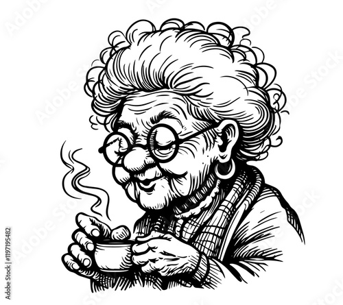 old woman with glasses smiling in black and white vector illustration