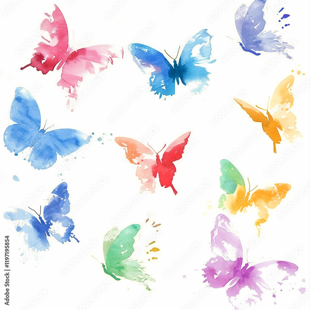 set of A lively arrangement of watercolor butterflies fluttering in an explosion of colors, perfect for adding a playful touch to any creative project set of A lively arrangement of watercolor butterflies fluttering in an explosion of colors, perfect for adding a playful touch to any creative project