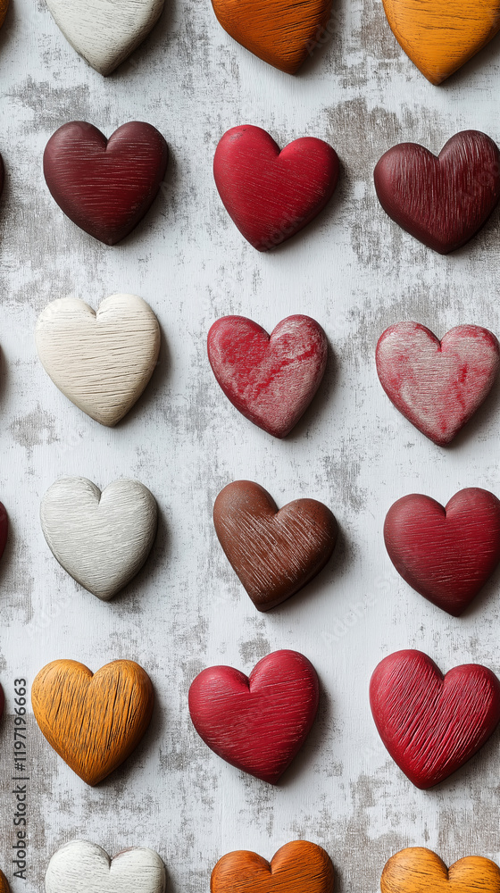 Obraz premium Abstract white, red, pink hearts, on a light background. Vertical image. Valentine's Day