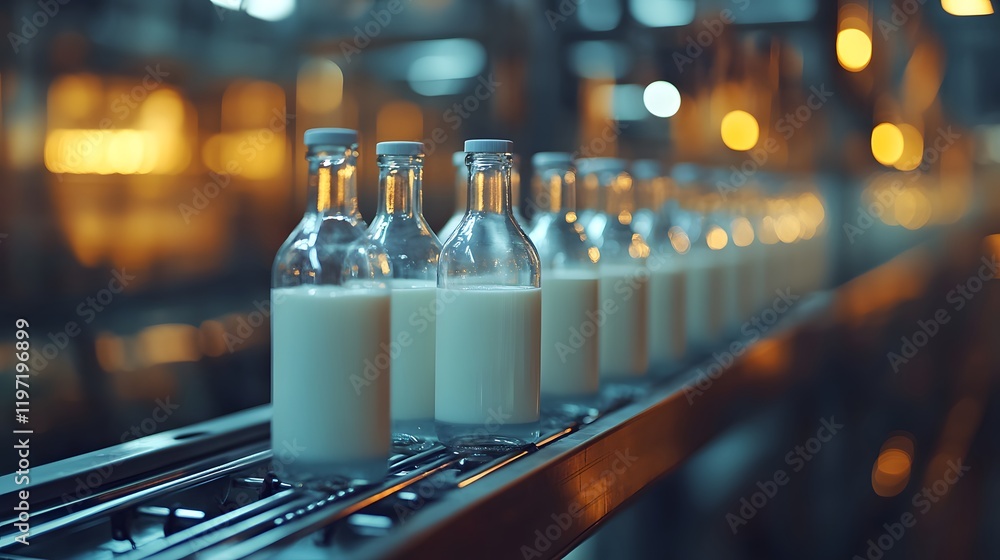 Milk-filled glass bottles move along industrial conveyor belt in modern dairy factory production line. Stainless steel equipment and clean facility visible under industrial lighting with selective foc Milk-filled glass bottles move along industrial conveyor belt in modern dairy factory production line. Stainless steel equipment and clean facility visible under industrial lighting with selective foc
