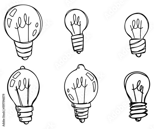 Lightbulb sketch drawing. Light Bulb idea invention. Set of Simple line glass doodle electrical lamp. Black and white inspiration illuminated symbol collection