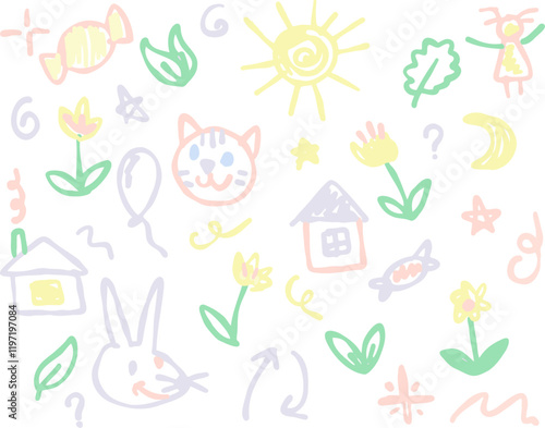 Cute kid doodle. Crayon or paint sketch. Childish marker element collection. Scribble stroke pastel graphic