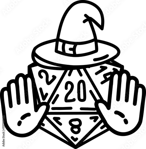 DND Dice Rpg board game character. Fantasy icosahedron wargame. 20-sided tabletop icon, cartoon style on white background