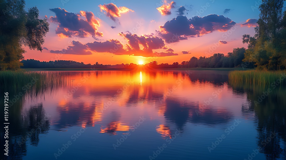 Vibrant sunset over calm lake reflecting colorful sky and clouds. Vibrant sunset over calm lake reflecting colorful sky and clouds.