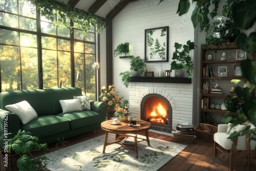 A pixel art rendering of a cozy living room with pixelated furniture, a roaring fireplace, and soft pixel lighting representing V-Ray effects photo