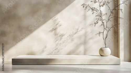 Long rectangular podium with ceramic vase and soft sunlight