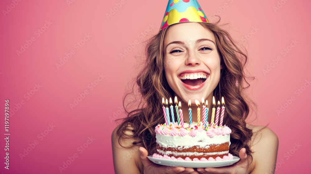 Smiling woman wearing a party hat holding a birthday cake with lit candles against a soft pink background, symbolizing celebration and joy. Smiling woman wearing a party hat holding a birthday cake with lit candles against a soft pink background, symbolizing celebration and joy.