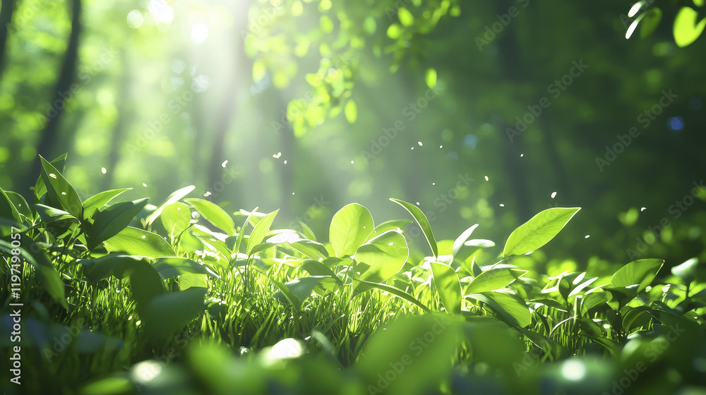 Obraz premium Lush green plants basking in sunlight create serene forest atmosphere