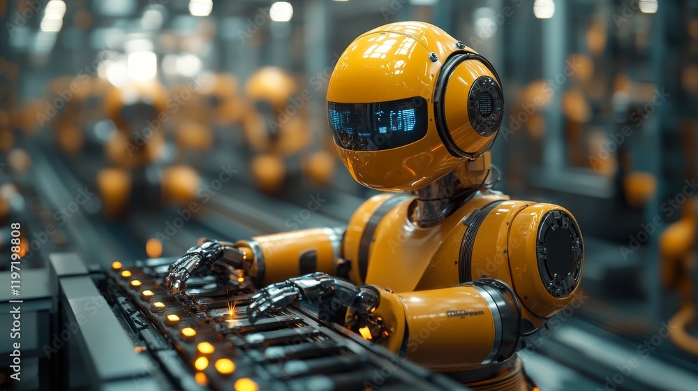 Fototapeta premium Yellow robot operating machinery on assembly line in factory.