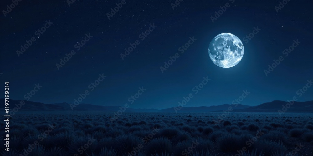 Serene Night Landscape Vast Plains Under a Bright Full Moon and Starry Sky Serene Night Landscape Vast Plains Under a Bright Full Moon and Starry Sky