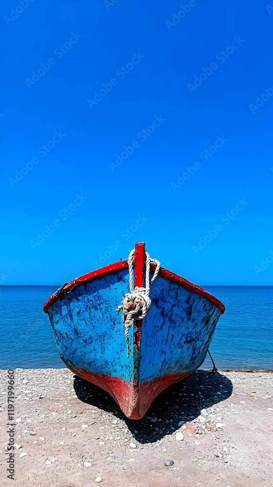 Beach Boat Photo: Blue Red Wooden Vessel Beach Boat Photo: Blue Red Wooden Vessel