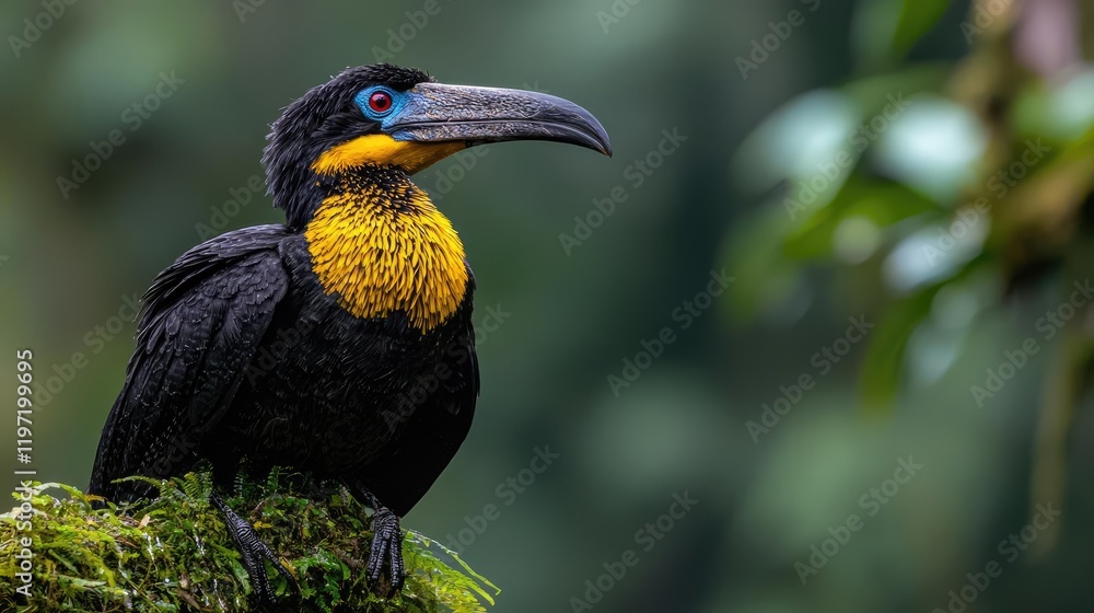 Obraz premium Curl-crested aracari perched on a mossy branch in the tropical rainforest of South America.