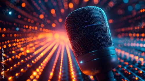 Professional studio microphone illuminated by neon blue and orange lights stands amid digital audio waveforms. Dark, moody atmosphere highlights recording equipment with stunning bokeh effects. photo