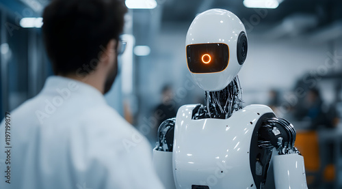 Wallpaper Mural A human in a lab coat interacts with a humanoid robot featuring a glowing eye, highlighting advancements in robotics and artificial intelligence. Torontodigital.ca