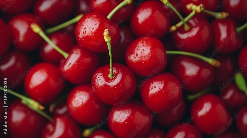 Cluster of Shiny Red Cherries with Green Stems Attached Cluster of Shiny Red Cherries with Green Stems Attached