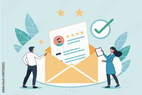 Flat design illustration, open envelope, resume document, profile picture, star rating, green checkmark, tiny business people, man in white shirt, woman in blue shirt, pale blue application, HR proces