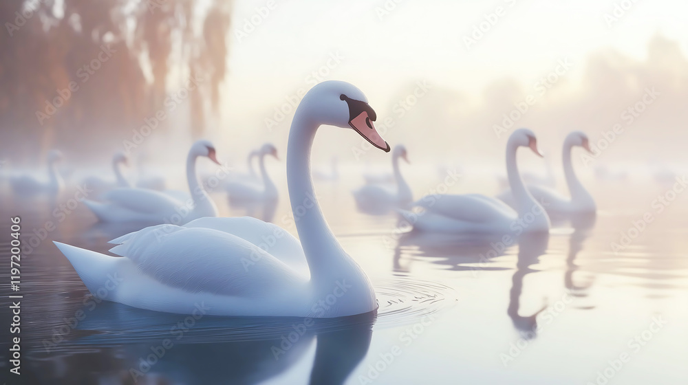 Fototapeta premium Flock of white swans. Flock of white swans in the calm water. Flock of swans gliding on calm water. Environment protection concept