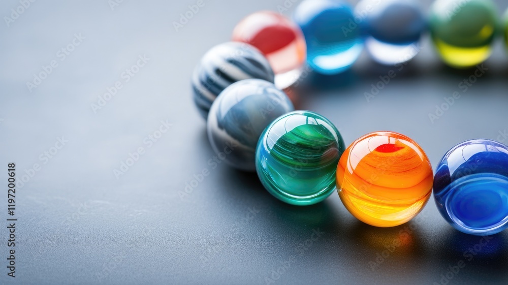 Colorful glass marbles arranged in circle on smooth surface