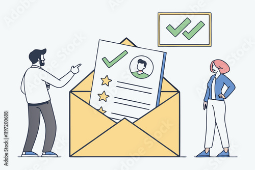 Flat design illustration, open envelope, resume document, profile picture, star rating, green checkmark, tiny business people, man in white shirt, woman in blue shirt, pale blue application, HR proces