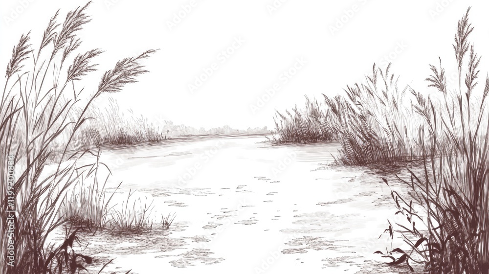 Obraz premium Serene Lakeside Sketch: Reeds and Tranquil Waters