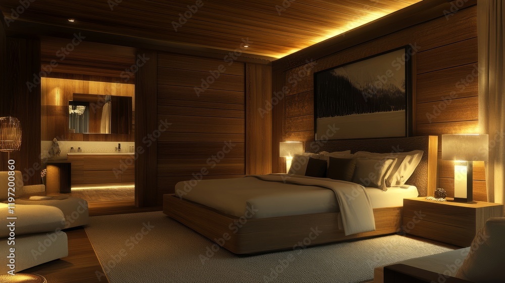 Fototapeta premium Modern bedroom with warm lighting and wood paneling, creating a harmonious blend of natural textures and sleek design